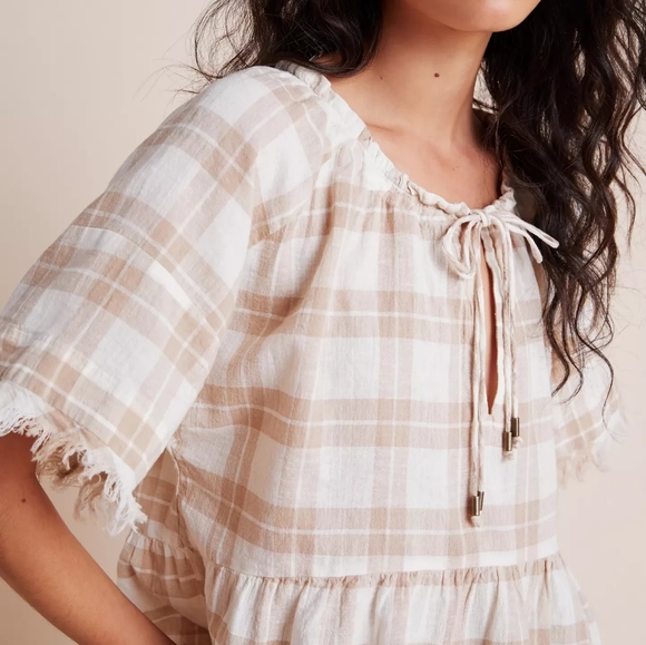Anthro pilcro linen plaid oversized babydoll boho top XS *C5 - Picture 2 of 8